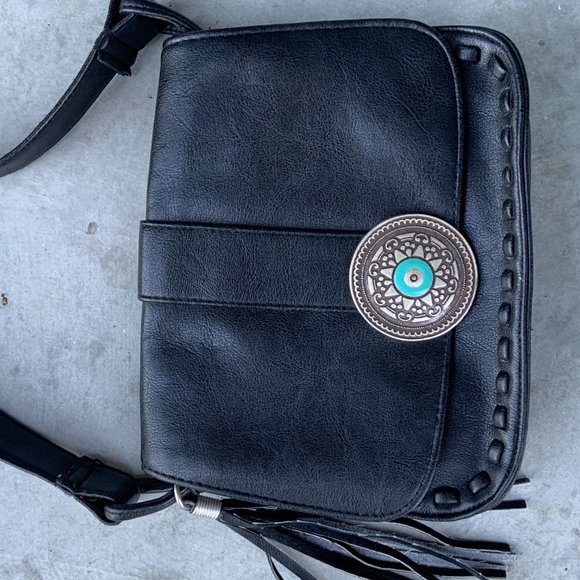 Black Faux Leather Cross Body Purse with Silver and Teal Boho Front with Fringe - Picture 4 of 6